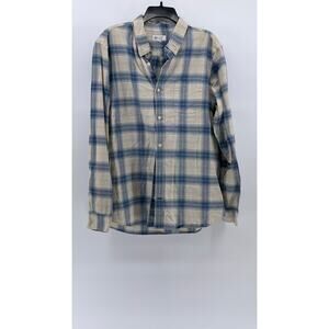 GAP Men's Blue-Cream Plaid Button-Up Long Sleeve Standard-Fit Oxford Shirt SZ L